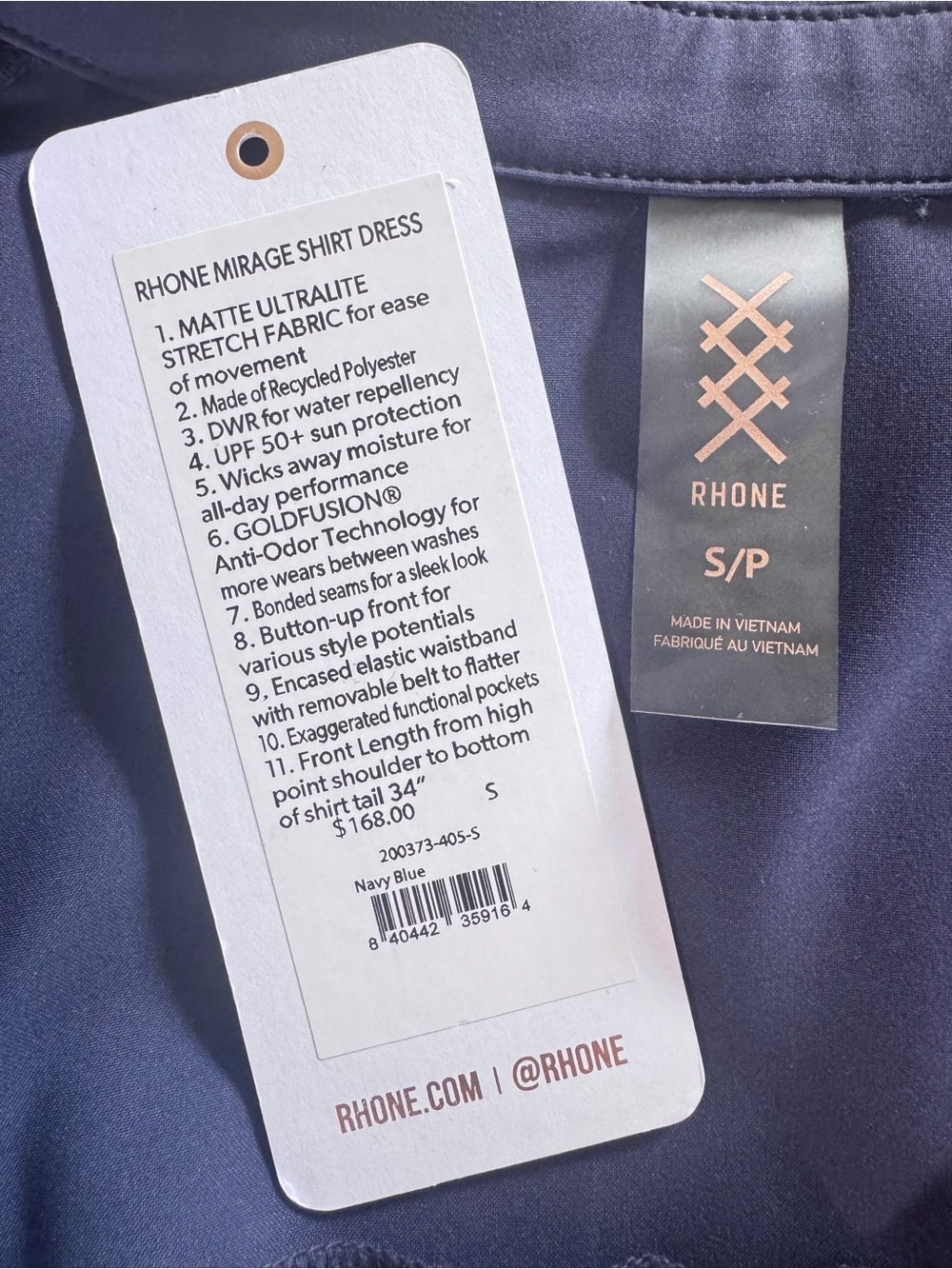 Rhone Mirage Shirt Dress Small Navy Blue UPF 50 Athleisure Travel NWOT - Picture 6 of 12